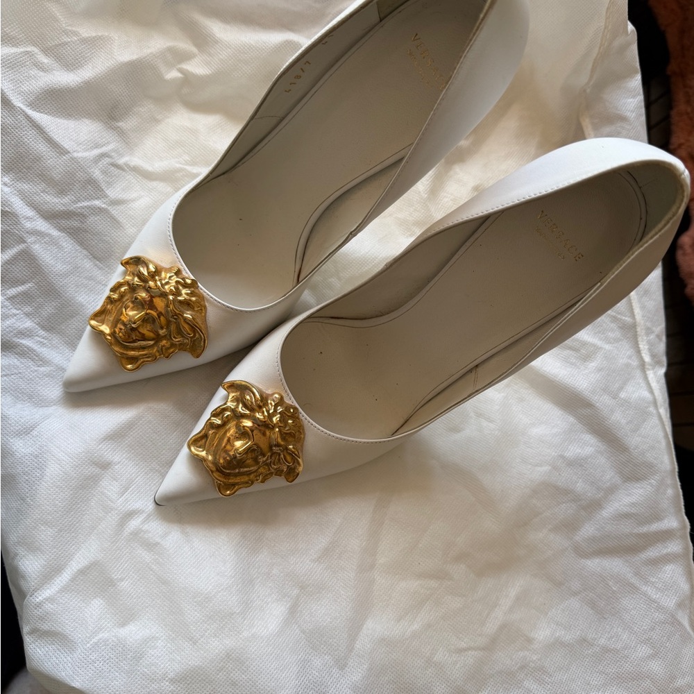Versace White and Gold Heels with Intricate Design